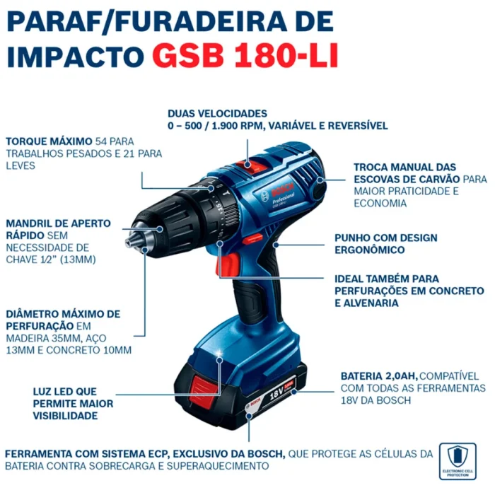 Parafusadeira Furadeira de Impacto GSB180-LI 1/2 Pol. 18V com 2 Baterias Lí-Íon 2,0Ah Carregador Bivolt e Maleta com Acessórios – BOSCH-06019F83E1-000 - Imagem 4