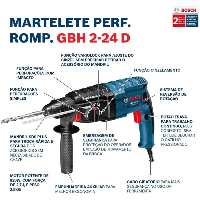 Martelete Perfurador Bosch gbh 2-24D 820W com maleta - Imagem 3