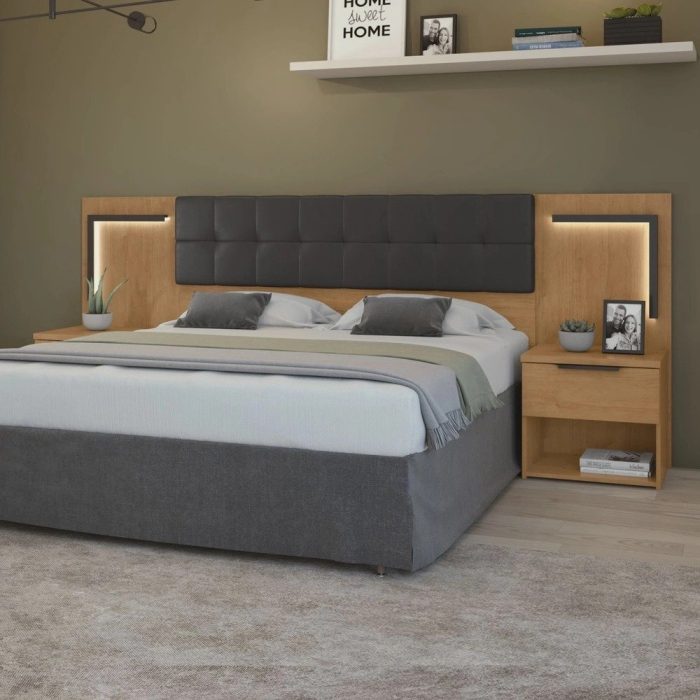 Cabeceira Casal  Queen 160cm 2 Mesas de Cabeceiras com Led Calitan - Imagem 1