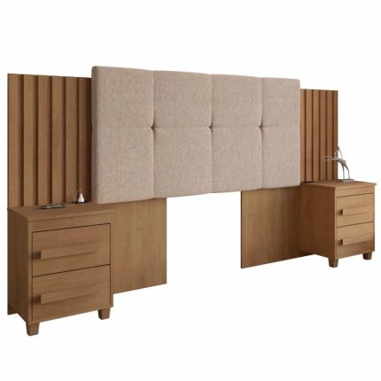 Cabeceira Estofada para cama box casalQueenking rv Móveis Suíça com 02 mesas de cabeceira com tomada cinamomo