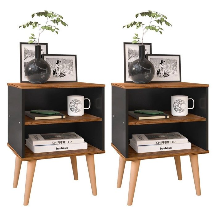 Conjunto 2 Mesas de Cabeceira Nicho Kit Mesinhas Decoração Quarto Retrô – Preto com Freijó – Lojas rpm - Imagem 1