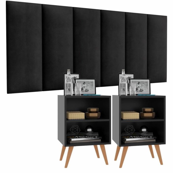 Conjunto Cabeceira Casal 1,40 Julia com Kit 2 Mesas de Cabeceira rpm – Preto – Lojas rpm - Imagem 1