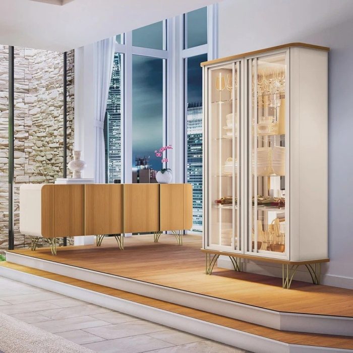 Conjunto Cristaleira Buffet com LED Portas de Vidro Pés Aço Maciço Cor Dourado TexasVirginia Off WhiteCinamomo G26 – Gran belo - Imagem 1