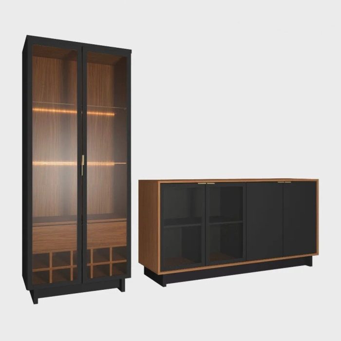 Conjunto Decorativo Cristaleira com Led e Buffet Aparador 160cm TenerifeGunga Preto FoscoNoce G73 – Gran Belo - Imagem 2
