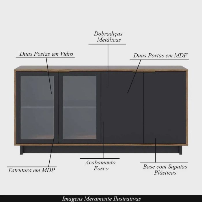 Conjunto Decorativo Cristaleira com Led e Buffet Aparador 160cm TenerifeGunga Preto FoscoNoce G73 – Gran Belo - Imagem 4