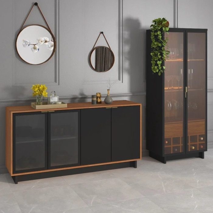 Conjunto Decorativo Cristaleira com Led e Buffet Aparador 160cm TenerifeGunga Preto FoscoNoce G73 – Gran Belo - Imagem 1