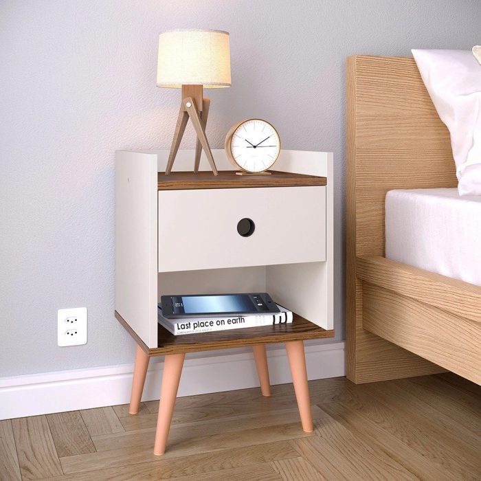Conjunto Kit 2 Mesas de cabeceira Retrô Mesinha Quarto Decore Gaveta – Off White  Freijó -Lojas rpm - Imagem 1