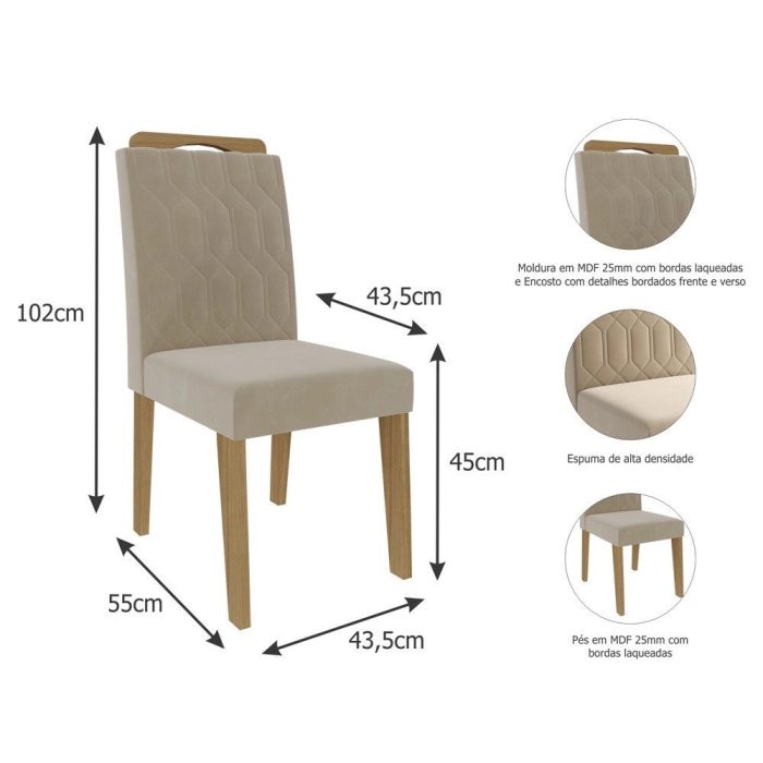 Conjunto Mesa para Sala de Jantar Ágata 130×80 Tampo MDF/Vidro 4 Cadeiras Paola Cimol Nature/Off White/Nude - Imagem 5