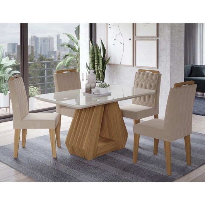 Conjunto Mesa para Sala de Jantar Ágata 130×80 Tampo MDF/Vidro 4 Cadeiras Paola Cimol Nature/Off White/Nude - Imagem 1