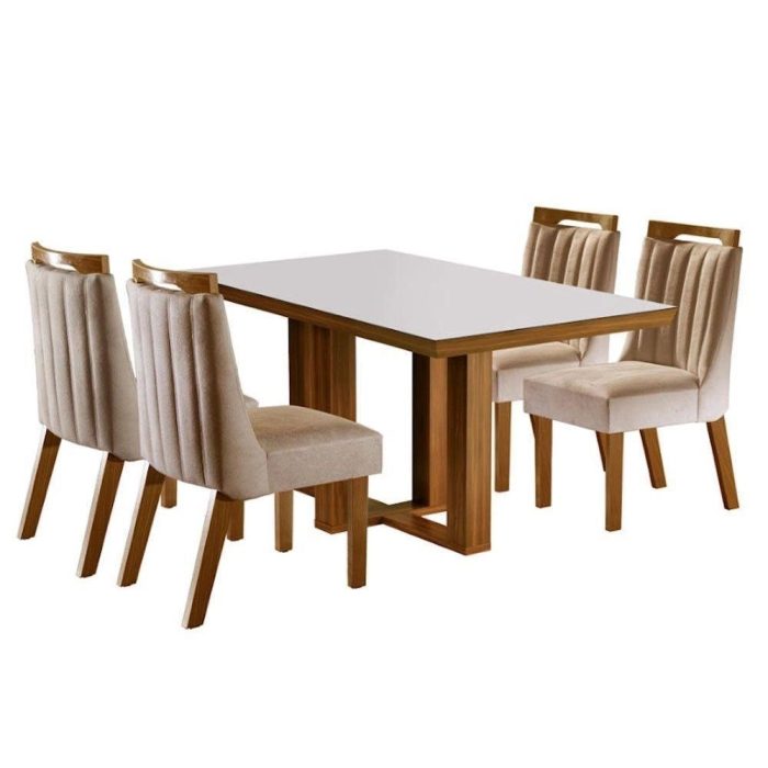 Conjunto Sala De Jantar Lottus Mesa Tampo Em Mdf E Vidro Com 4 Cadeiras Cinamomo/off White/bege - Imagem 1