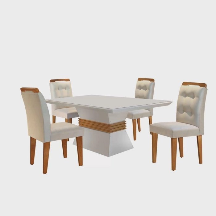 Conjunto Sala De Jantar Mesa Clarice 120X80Cm Tampo VidroMdf Canto Reto Com 4 Cadeiras Valentina - Imagem 2