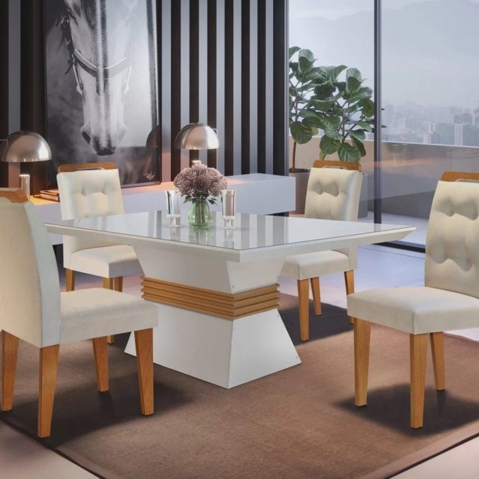Conjunto Sala De Jantar Mesa Clarice 120X80Cm Tampo VidroMdf Canto Reto Com 4 Cadeiras Valentina - Imagem 1