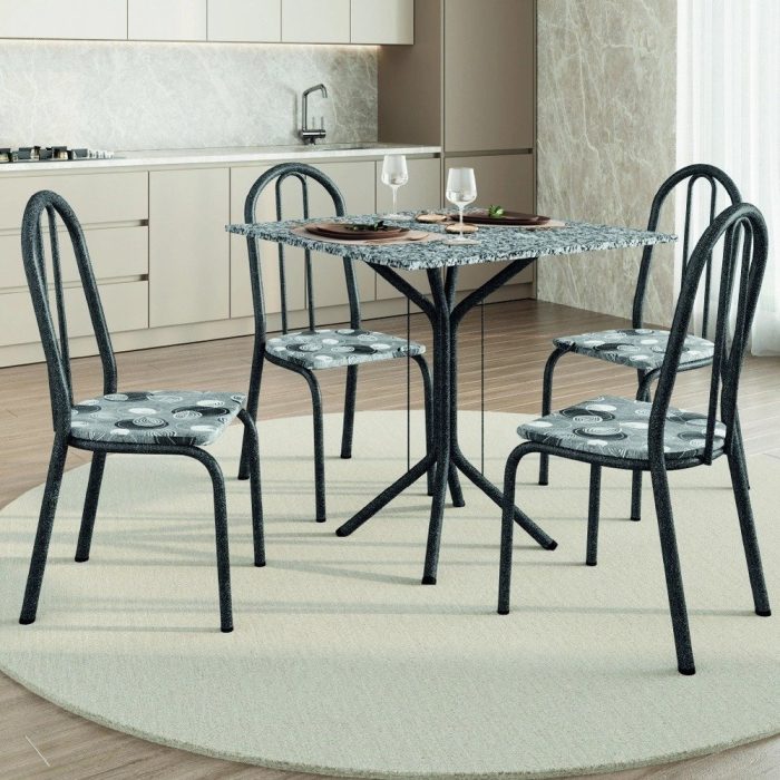 Conjunto Sala De Jantar Mesa Thais Com 4 Cadeiras Diva 0,70m Granito Preto Craquelado/Folha Artefamol - Imagem 2