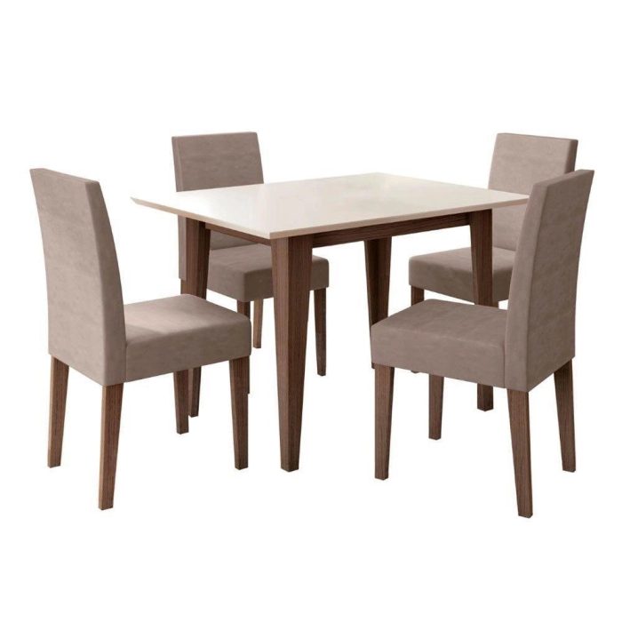 Conjunto Sala De Jantar Retangular Mesa Kate 120cm E 04 Cadeiras Josi Amêndoa Com Off White - Imagem 4