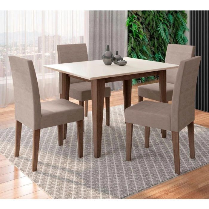 Conjunto Sala De Jantar Retangular Mesa Kate 120cm E 04 Cadeiras Josi Amêndoa Com Off White - Imagem 1