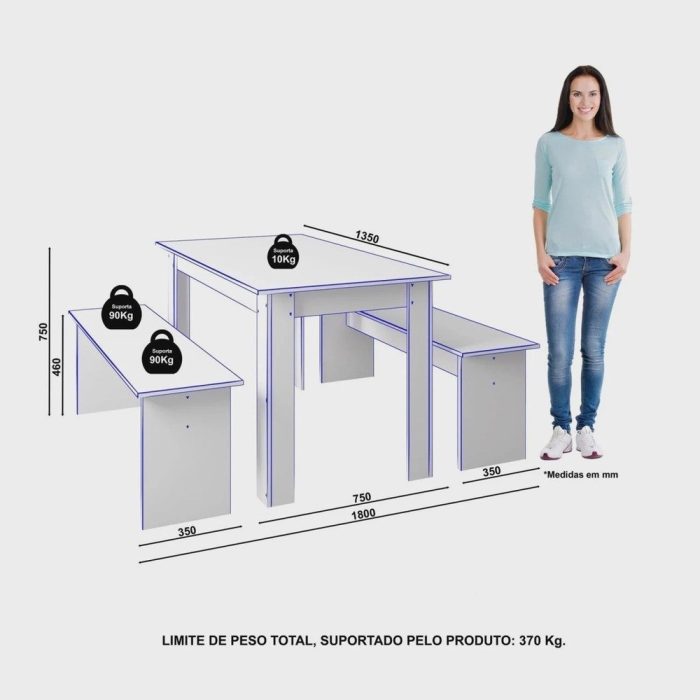 Conjunto Sala de Jantar 1 Mesa 135cm 2 Bancos Primor Cinamomo/Preto Catedral - Imagem 3