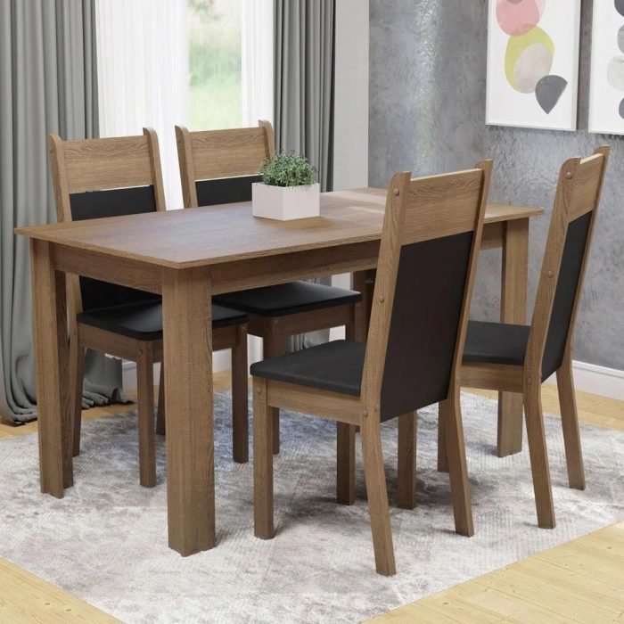Conjunto Sala de Jantar Madesa Cali Mesa Tampo de Madeira com 4 Cadeiras – RusticPretoSintPreto - Imagem 1