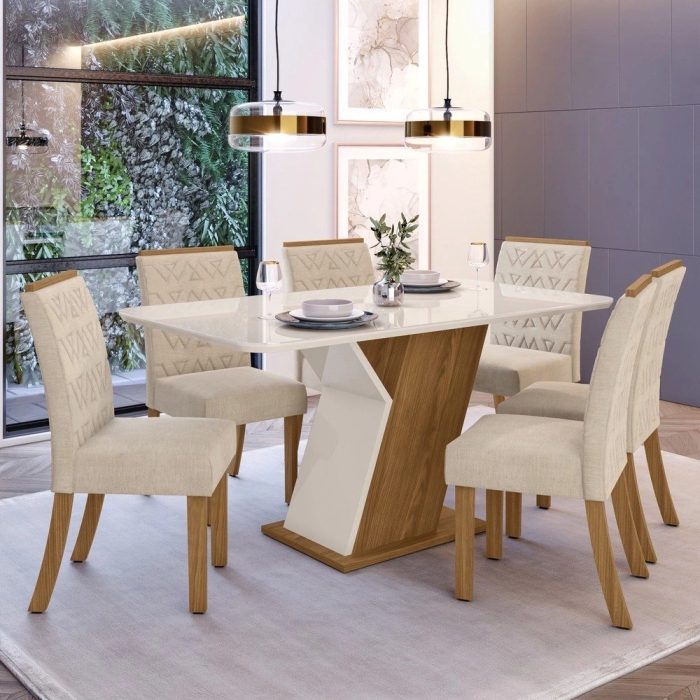 Conjunto Sala de Jantar Mesa 160cm Tampo mdf com Vidro 6 Cadeiras Zuri Casa 812 - Imagem 1