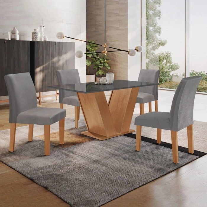 Conjunto Sala de Jantar Mesa Tampo MDF/Vidro e 4 Cadeiras Espanha Yescasa - Imagem 1