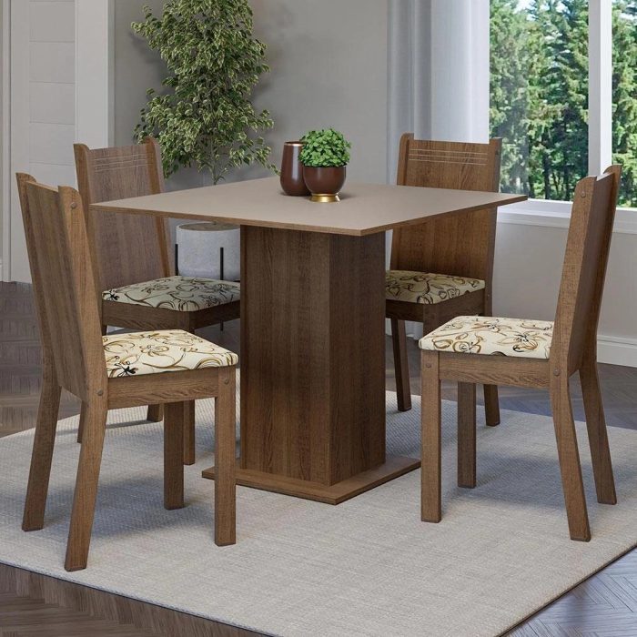 Conjunto Sala de Jantar Mesa Tampo de Madeira 4 Cadeiras Rustic/Crema/Lírio Bege Samara Madesa - Imagem 1
