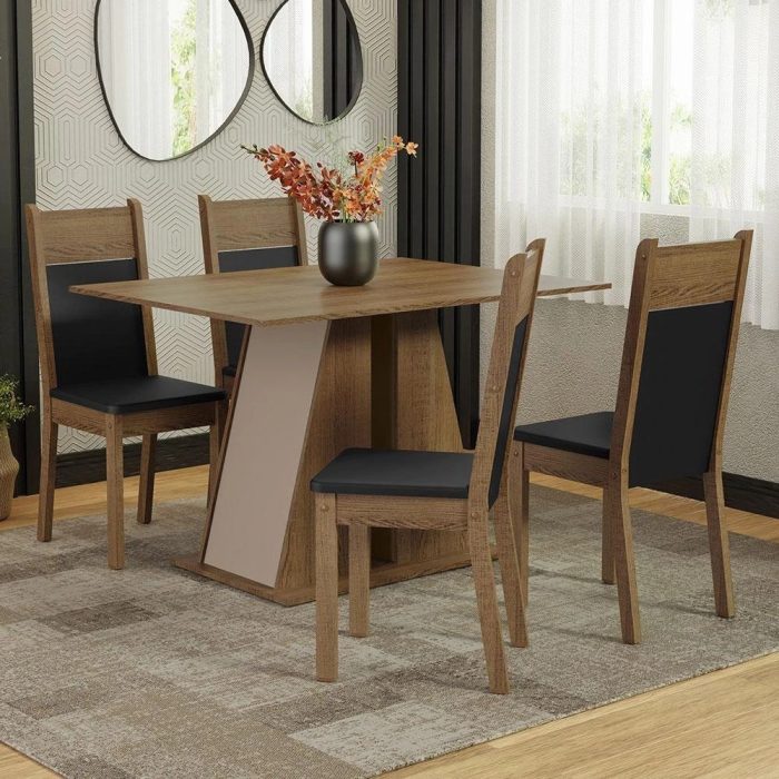 Conjunto Sala de Jantar Mesa Tampo de Madeira 4 Cadeiras Rustic/Crema/Preto Angel Madesa - Imagem 1
