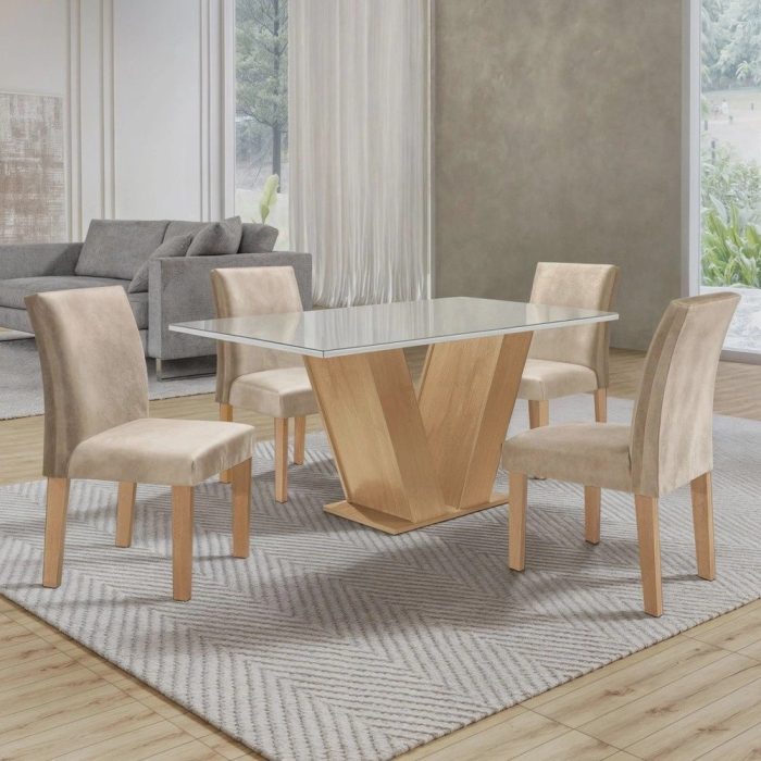 Conjunto Sala de Jantar Mesa Tampo de Vidro 4 Cadeiras Espanha Yescasa - Imagem 1