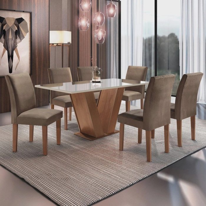 Conjunto Sala de Jantar Mesa Tampo de Vidro 6 Cadeiras Espanha Siena Móveis Chocolate - Imagem 1