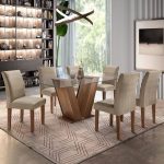 Conjunto Sala de Jantar Mesa Tampo de Vidro 6 Cadeiras Tecido Pena 84 Classic Cel Móveis