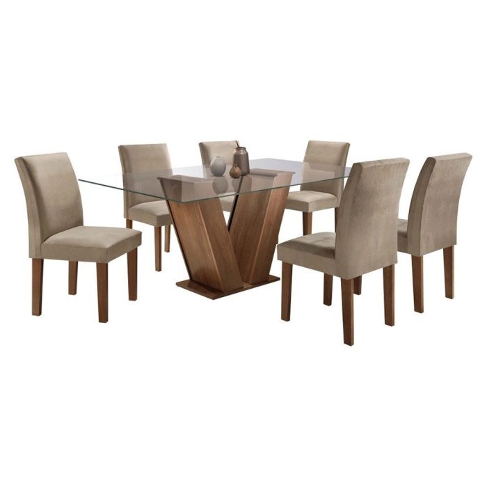 Conjunto Sala de Jantar Mesa Tampo de Vidro 6 Cadeiras Tecido Pena 84 Classic Cel Móveis - Imagem 2