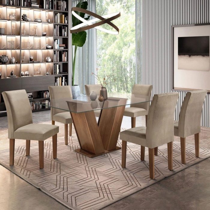 Conjunto Sala de Jantar Mesa Tampo de Vidro 6 Cadeiras Tecido Pena 84 Classic Cel Móveis - Imagem 1
