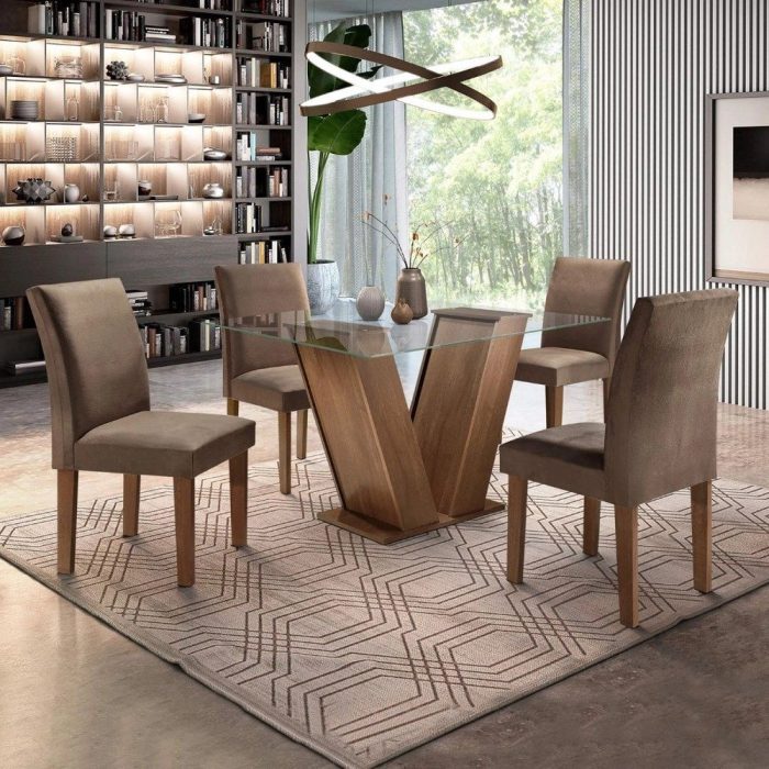 Conjunto Sala de Jantar Mesa Tampo de Vidro e 4 Cadeiras Classic Cel Móveis Chocolate/Animale - Imagem 1