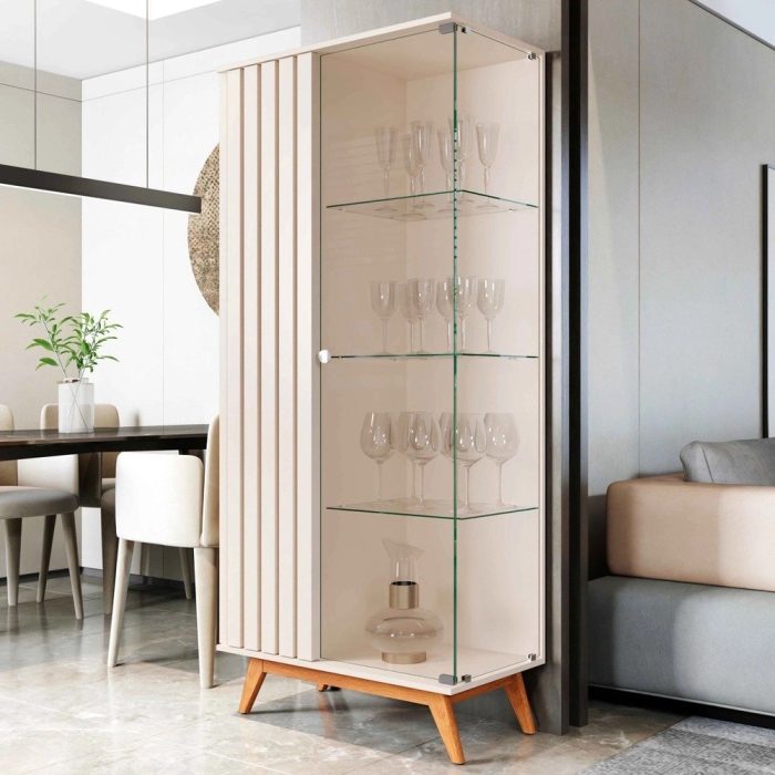 Cristaleira com Lateral e Porta Ripada Pés em Madeira Vidro Açaí OffWhite- Rede Móveis - Imagem 1