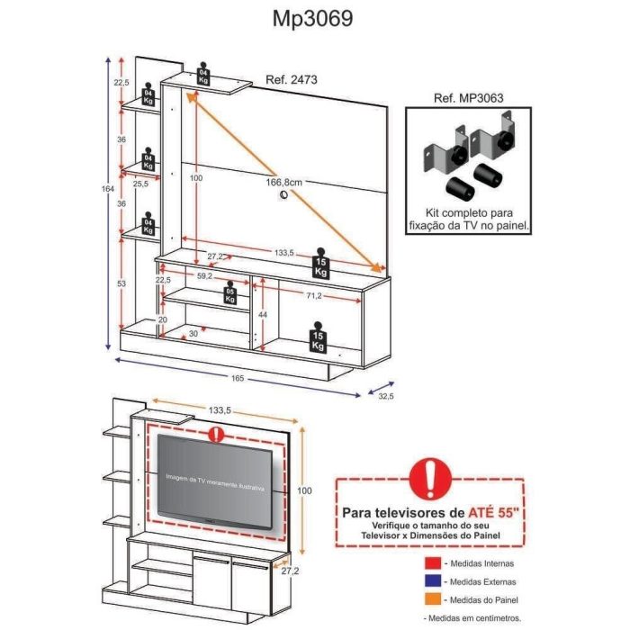 Estante Home Theater com Suporte ptv até 55” Denver Multimóveis BrancoMadeirado - Imagem 2