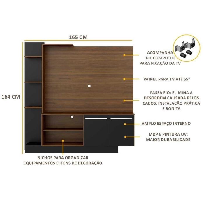 Estante Home Theater com Suporte ptv até 55” Denver Multimóveis DunaPreto - Imagem 3