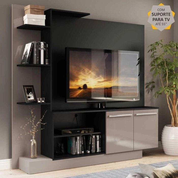 Estante Home Theater com Suporte ptv até 55” Denver Multimóveis PretoLacca Fumê - Imagem 1