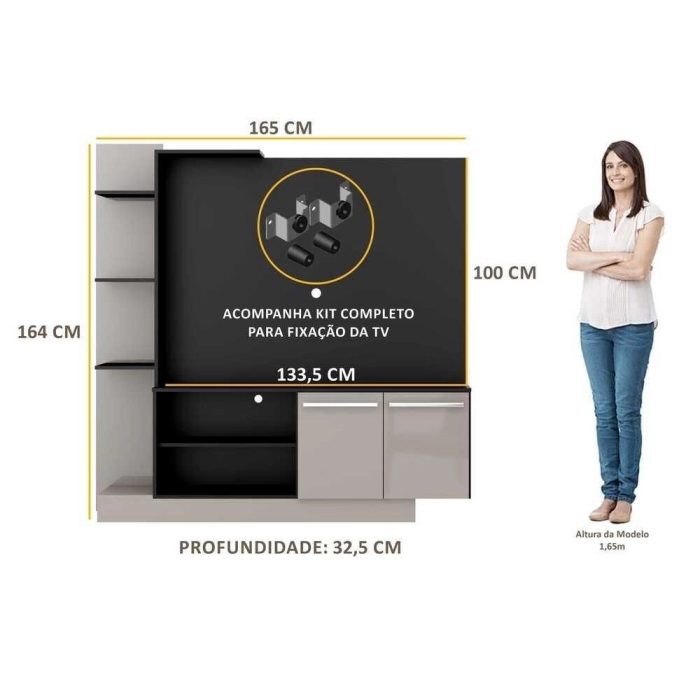Estante Home Theater com Suporte ptv até 55” Denver Multimóveis PretoLacca Fumê - Imagem 2