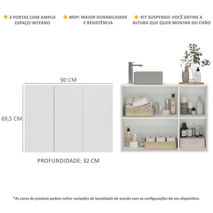 Gabinete Banheiro 3 Portas Suspenso 90cm Multimóveis MP5029 Branco - Imagem 4