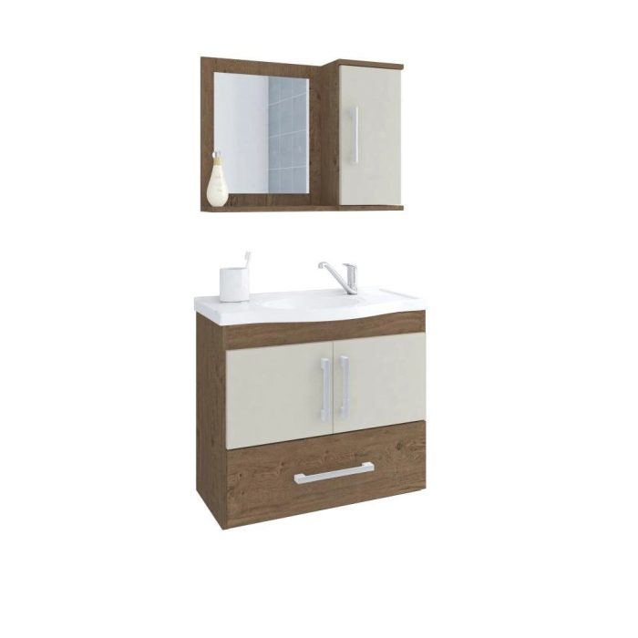 Gabinete Para Banheiro Com Lavatório E Espelho Atenas Amendoa E Off White mgm Móveis 65cm - Imagem 1