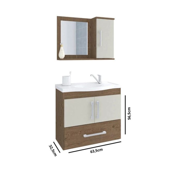 Gabinete Para Banheiro Com Lavatório E Espelho Atenas Amendoa E Off White mgm Móveis 65cm - Imagem 3