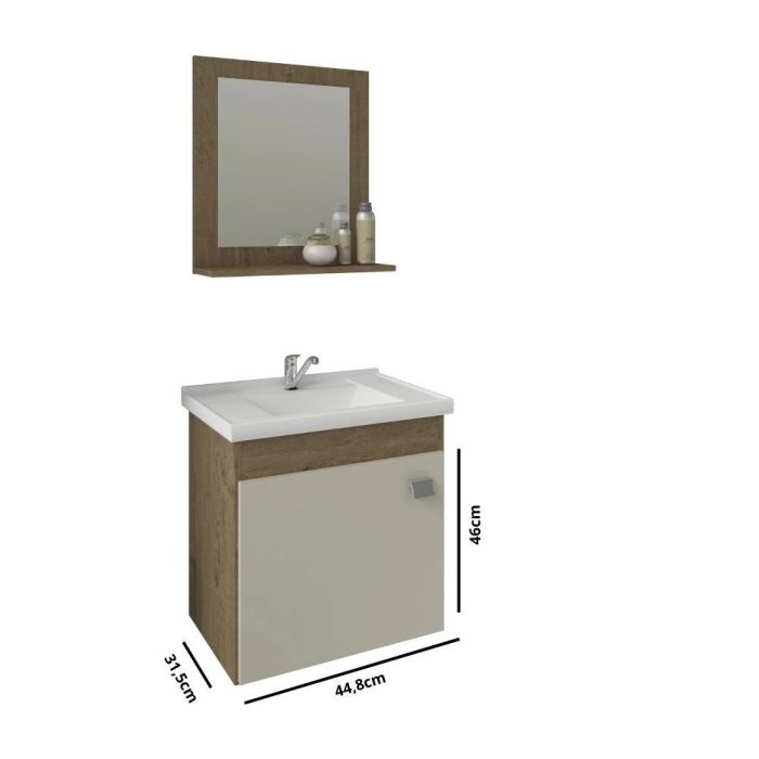Gabinete Para Banheiro Com Lavatório E Espelho Iris Amendoa E Branco mgm Móveis 44cm - Imagem 3