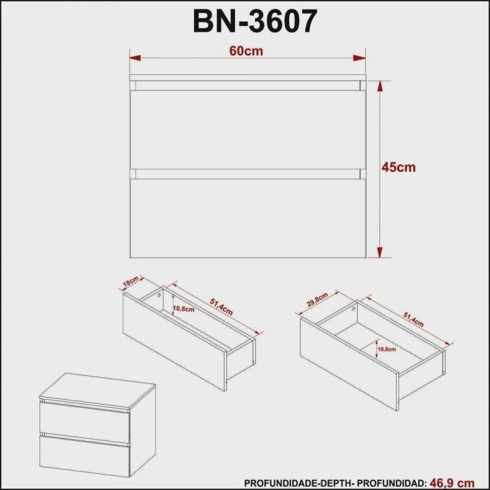 Gabinete Suspenso para Banheiro 60cm 2 Gavetas BN3607 - Imagem 2