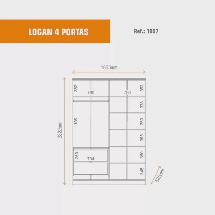 Guarda Roupa 4 Portas 2 Gavetas Logan - Imagem 4