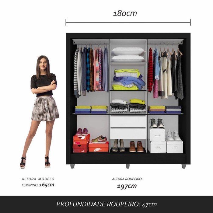 Guarda Roupa Casal Amanda 3 Portas Esp Menor Preto Fosco – M. Arapongas - Imagem 3
