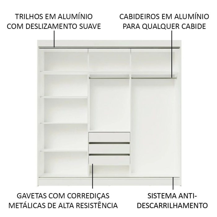 Guarda-Roupa Casal Madesa Kansas 3 Portas de Correr com Espelho 3 Gavetas - Imagem 4