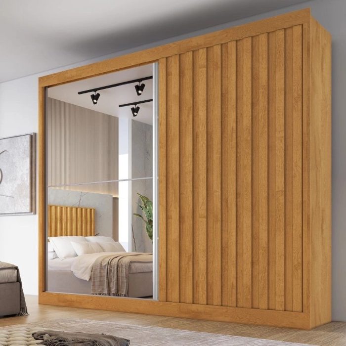 Guarda Roupa Casal Ripado com Espelho 2 Portas de Correr 100 mdf Atlanta Made Marcs - Imagem 1