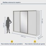 Guarda Roupa Casal com Espelho 3 Portas de Correr 6 Gavetas Spazio Glass Espresso Móveis Branco - Imagem 2