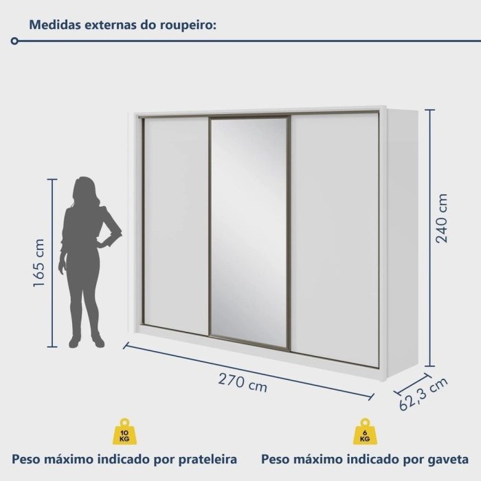 Guarda Roupa Casal com Espelho 3 Portas de Correr 6 Gavetas Spazio Glass Espresso Móveis Branco - Imagem 2