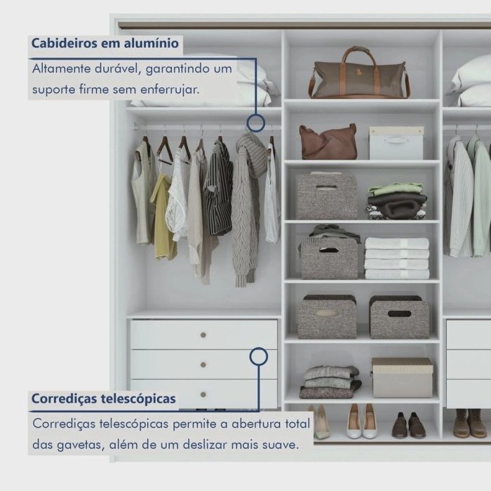 Guarda Roupa Casal com Espelho 3 Portas de Correr 6 Gavetas Spazio Glass Espresso Móveis Branco - Imagem 3