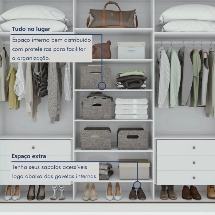 Guarda Roupa Casal com Espelho 3 Portas de Correr 6 Gavetas Spazio Glass Espresso Móveis Branco - Imagem 4