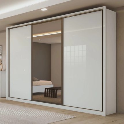 Guarda Roupa Casal com Espelho 3 Portas de Correr 6 Gavetas Spazio Glass Espresso Móveis Branco